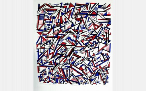 Abstract print in mostly black, white, red, and blue.